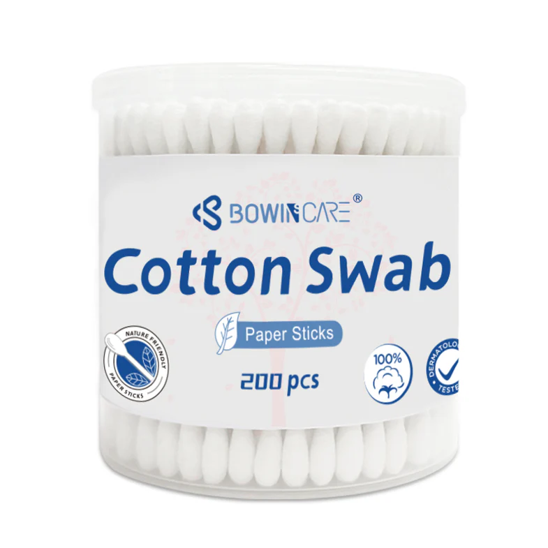 Bowincare™ Wooden Stick Cotton Swabs – 200pcs in Paper Box – Sturdy Birchwood Stem & 100% Cotton Tips (Wholesale)